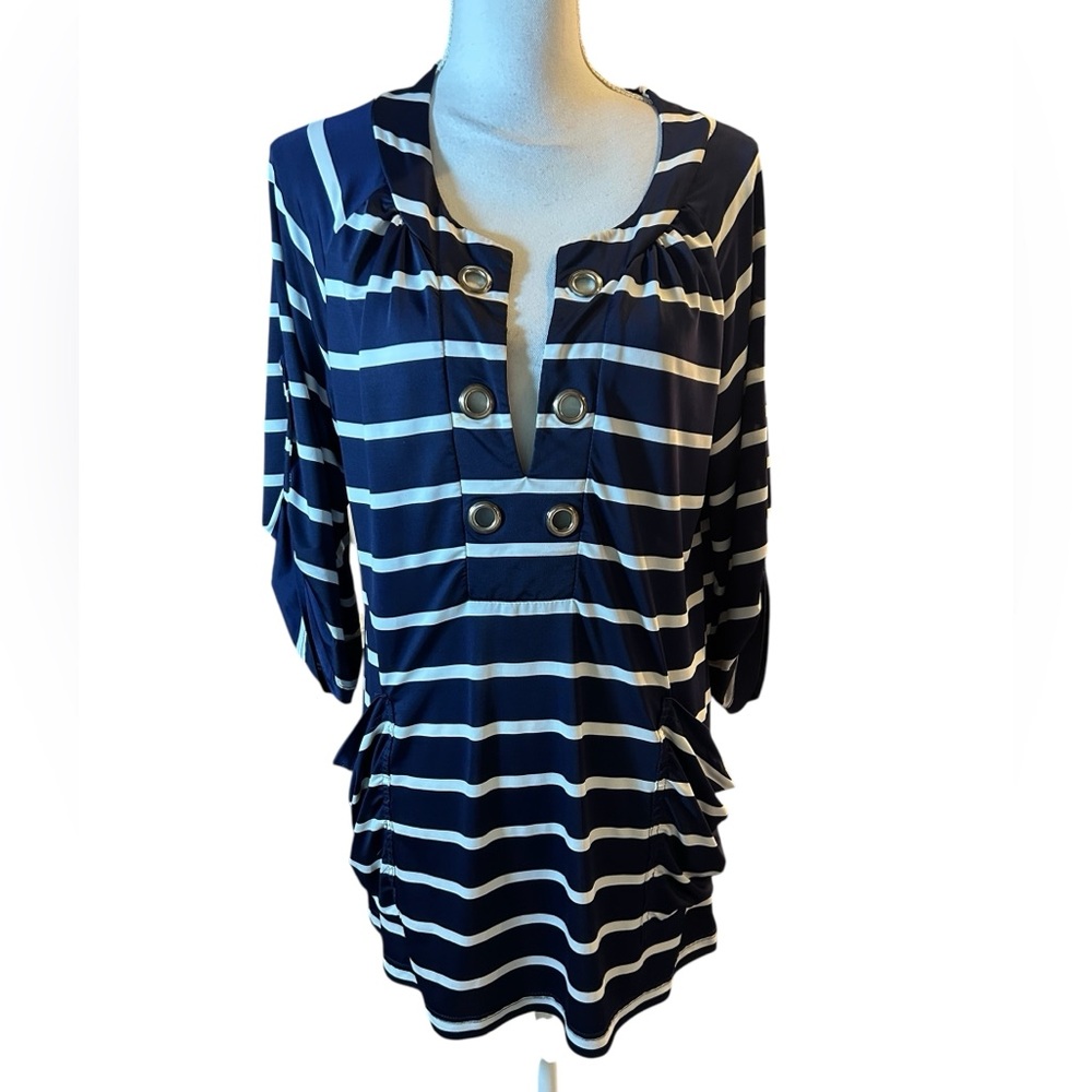 Sandiva Navy and White Striped Tunic Coverup Dress